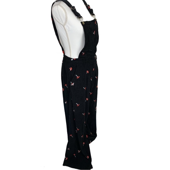 Cider Women S Bib Overalls Embroidered Mushrooms Corduroy Hippie Wide Leg Black - Picture 3 of 16